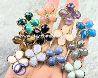 Four Leaf Clover Gemstone Ring Faceted Crystal Quartz Drop Cabochon Adjustable Finger Rings Gift