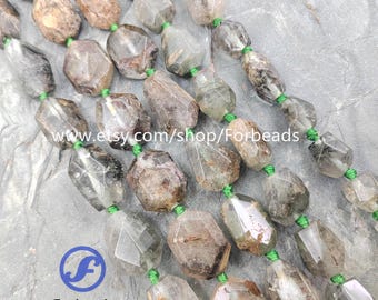 Natural Green Phantom Quartz Faceted Nugget Beads Bulk,Irregular Ghost Crystal Pendants Necklaces Making
