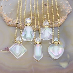 5 Shape Rainbow Aura Quartz Perfume Bottle Pendant,Plated Chains Necklaces White AB Crystal Essential Oil Diffuser Vial Charms Jewelry Gifts