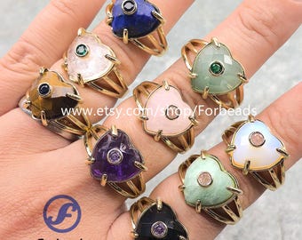 Faceted Gemstone Heart Ring With Inlaid Zircon Crystal Amethyst Obsidian Cabochon Adjustable Finger Rings