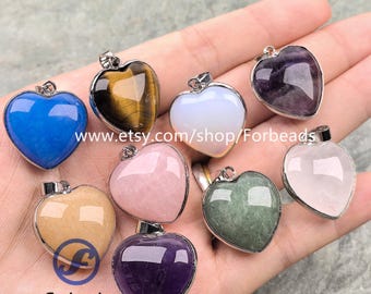 Silver Plated Bezel Gemstone Heart Pendants Healing Crystal Quartz Fluorite Charms Necklace DIY Jewelry