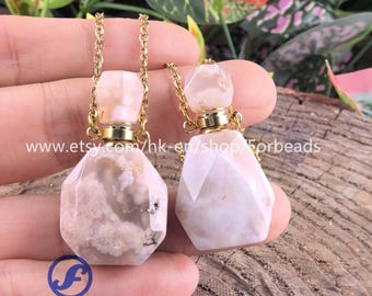 Sakura Agate Perfume Bottle Pendant Necklace, Healing Crystal Diffuser Jewelry