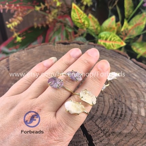 Double Raw Quartz Ring Gold Plated Natural Gemstone Crystal Amethyst Obsidian Fluorite Adjustable Finger Rings Fashion Women Jewelry Gifts