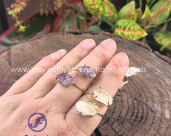 Double Raw Quartz Ring Gold Plated Natural Gemstone Crystal Amethyst Obsidian Fluorite Adjustable Finger Rings Fashion Women Jewelry Gifts