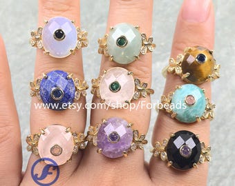 Faceted Oval Cabochon Quartz Ring With Inlaid Zircon Reiki Crystal Gemstone Adjustable Finger Rings
