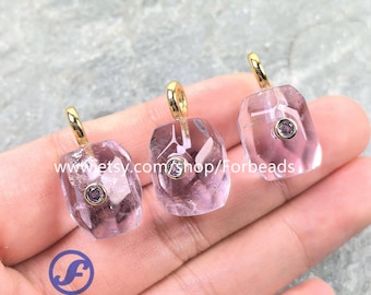 Purple Zircon Inlaid Faceted Amethyst Nugget Pendants Reiki Crystal Quartz CZ Charms Jewelry Making