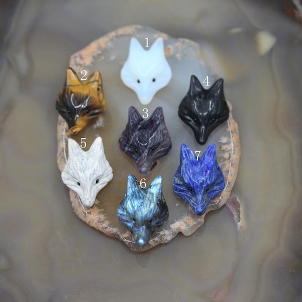 7 Stones Choice,Carved Fox Head Pendants,Flash Labradorite Amethyst Lapis Obsidian Tiger Eye Coral Jade Fox Head Pendant Charms Wholesale