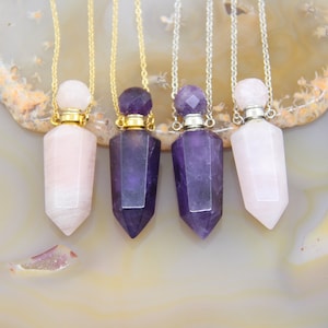 New! Natural Crystal Hexagon Pointed Perfume Bottle Pendant Necklaces,Amethyst Rose Quartz Amethyst Prism Essential Oil Diffuser Vial Charms