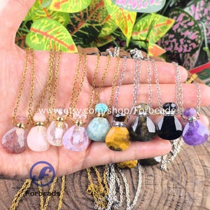Mini Crystal Essential Oil Diffuser Vial Pendants,Faceted Quartz Gemstone Perfume Bottle Necklace Charms