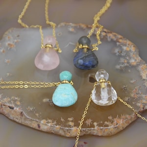 Rose Quartz Perfume Bottle Necklace, Amazonite Crystal Diffuser Pendant