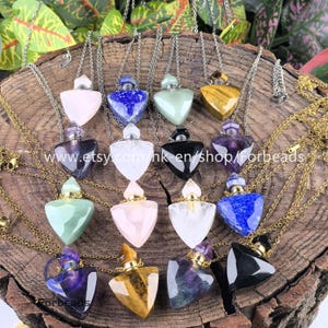 Lapis Fluorite Triangle Perfume Bottle Pendant Silver Necklace,Healing Crystal Quartz Heart Essential Oil Diffuser Vial Charm Gold Chains