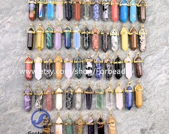 Gold Plated Gemstone Hexagon Point Pendant Wholesale,Chakra Quartz Healing Crystal Pencil Pointed Charms