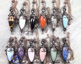 Reiki Crystal Quartz Cone Pendulum Charms Antique Copper Vase Gemstone Pendants Retro Divination Jewelry