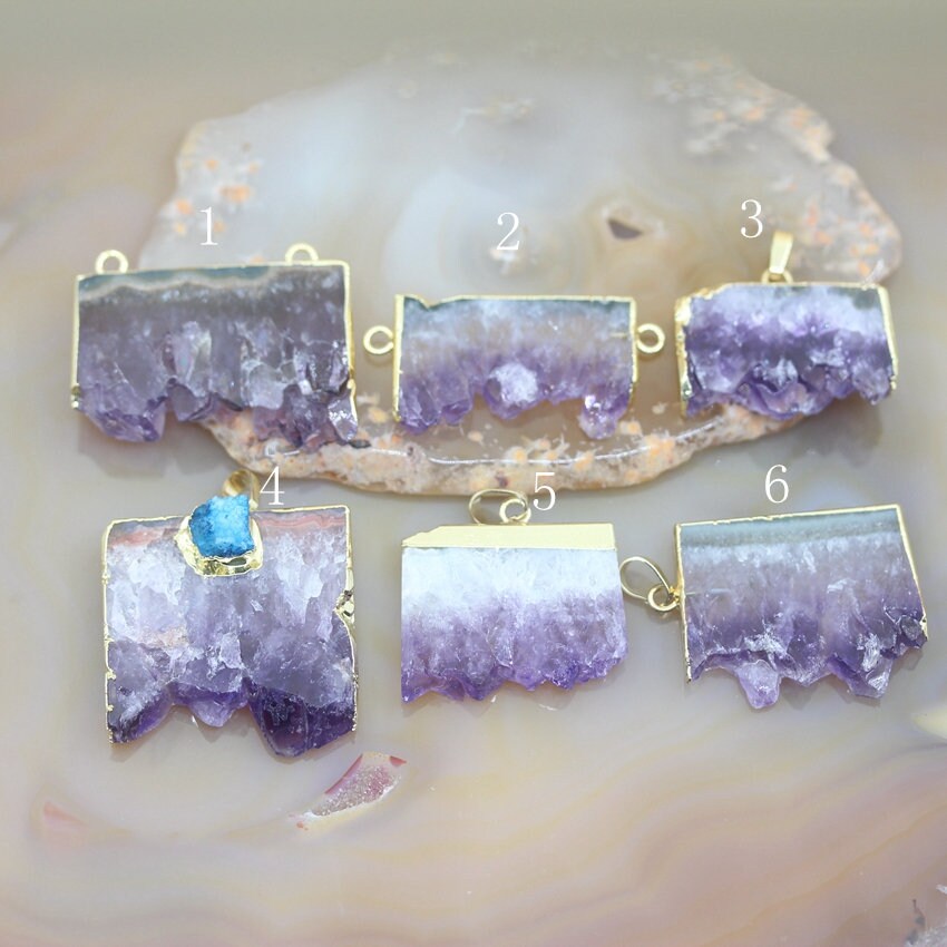 3-10pcs 6kinds Style Choice Raw Amethyst Geode Slice Pendant Wholesale,Plated Gold Rectangle Druzy Drusy Slab Charms Necklace Jewelry Making