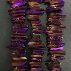 65-70pcs/str,Raw Crystal Points Purple Titanium Top Drilled Pendants Bulk,Natural Quartz Gemstone Stick Tusk Spike Beads 4-9x15-35mm