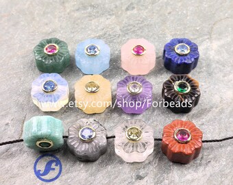 Carved Flower Gemstone Big Hole Beads Connector With Inlaid Zircon Pendant Bracelet Jewelry Making