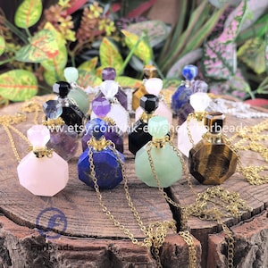 Natural Gemstone Perfume Bottle Pendant Necklaces,Plated Silver/Gold Crystal Quartz Lapis Fluorite Essential Oil Diffuser Vial Charm Chains