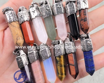 Reiki Crystal Hexagon Point Antique Silver Pendant,Gemstone Quartz Tower Pencil Chakra Necklace Charms