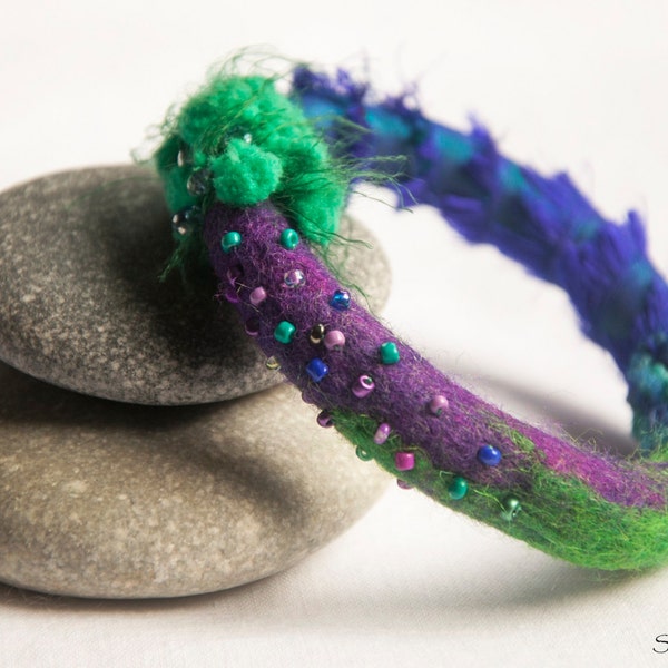 handmade bracelet with felt, silk, fancy yarns and beads