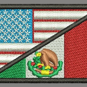 May include: A black and white embroidered patch featuring the American flag on the left and the Mexican flag on the right. The flags are sewn together at a diagonal angle.