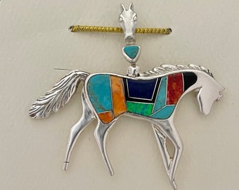 Studio GL Reversable Horse Pendant Mixed Gemstone  Sterling Silver Signed