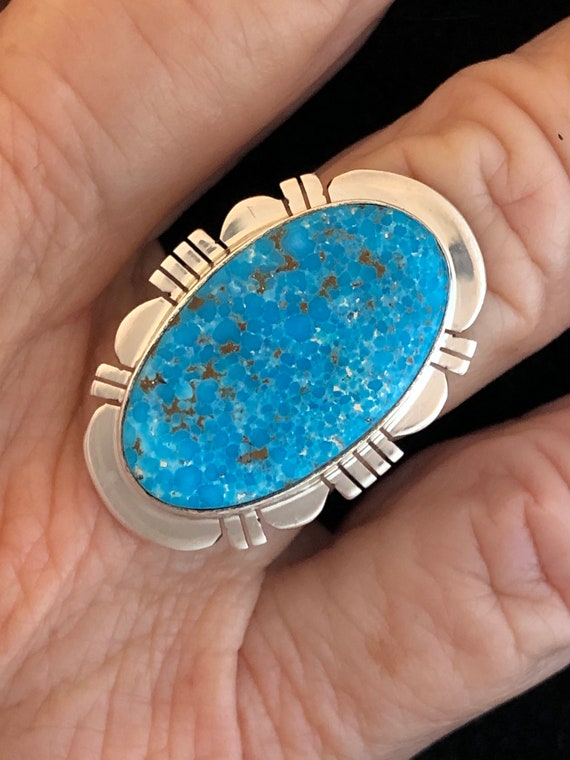 Intricate Native American Navajo Blue Gem Turquoise Sterling Silver Buffalo Ring Intricate Native American Navajo Blue Gem Turquoise Sterling Silver Buffalo Ring