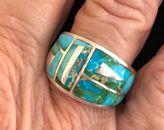 Vintage TURQUOISE OPAL LAPIS Ring 12 12  Touch of Santa Fe  Inlay Sterling Ring 12.5  Signed Mens Ring 12.5  Native American Jewelry