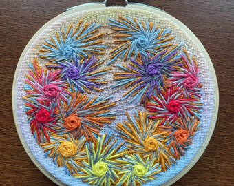 Rainbow Embroidery Hoop, Freehand Gold Accents 4”