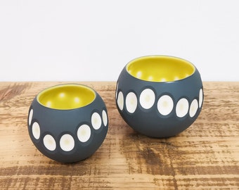 Handmade Medium Charcoal Porcelain Tealight Holder with Glazed Colour Interior-Individually Carved Candle Holder-Made in Scotland