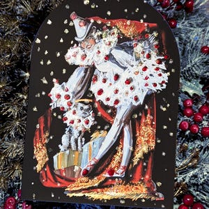 Kerstclown en hond - vintage gebogen kerstkaart - handglitter