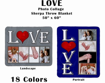 LOVE- Personalized 60" x 50" 4 Photo Sherpa Collage Throw Blanket