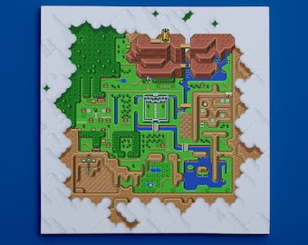 May include: A pixelated map of a video game world, featuring a brown castle, green forests, and blue rivers. The map is surrounded by white clouds, suggesting a sky background.