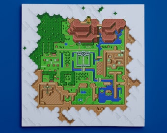 May include: A pixelated map of a video game world, featuring a brown castle, green forests, and blue rivers. The map is surrounded by white clouds, suggesting a sky background.