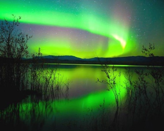 Polar Lights Stretched Canvas Print - Aurora Borealis Reflecting On A Lake (20 x 16 inches)