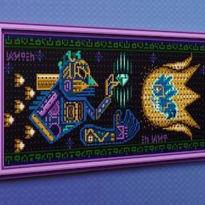 May include: A framed pixel art tapestry with a blue and gold design. The tapestry features a blue creature holding a green gem, surrounded by stars and a yellow flame. The text "IN THE" and "WORLD" are visible at the bottom of the tapestry.