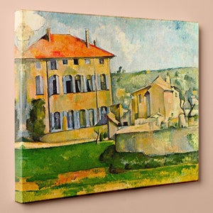May include: A painting of a yellow house with a red roof and blue shutters. The house is surrounded by green grass and trees. There is a smaller yellow house in the background.