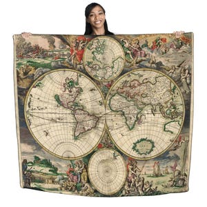 May include: A vintage world map tapestry featuring four circular maps with detailed lines and markings. The tapestry has a cream background with brown, green, and blue accents. The maps are surrounded by ornate illustrations of people and animals.