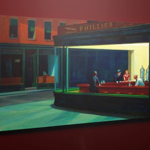 May include: A painting depicting a diner scene with a green and brown interior. The diner is called "Phillies" and has a counter with four people seated at it. The painting is executed in a realistic style with muted colours.