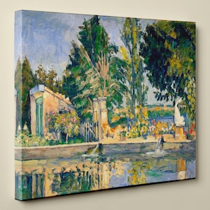 May include: A painting depicting a pond in a garden, featuring a white bird, a house, and trees. The pond is bordered by a stone wall, and the water reflects the sky and trees. The painting is executed in a style reminiscent of Impressionism.