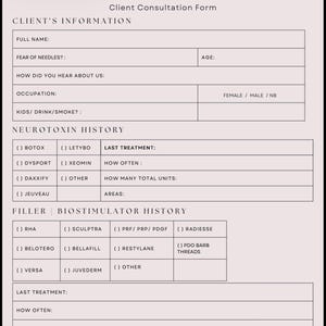 Pode incluir: Um formulário de plano de tratamento personalizado com o título "CUSTOMIZED TREATMENT PLAN". Inclui seções para informações do cliente, histórico de neurotoxinas e histórico de preenchimento/biostimulador, com caixas e campos.