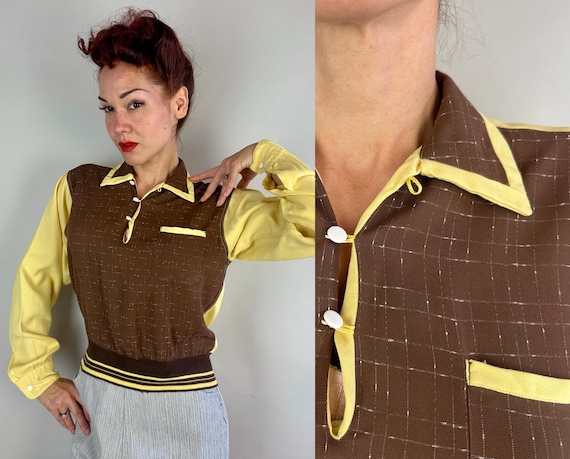 1940s Gal In A Gaucho Shirt | Vintage 40s Yellow and Brown with White Fleck Gabardine Long Sleeve Menswear Inspired Top | Small Medium Large
