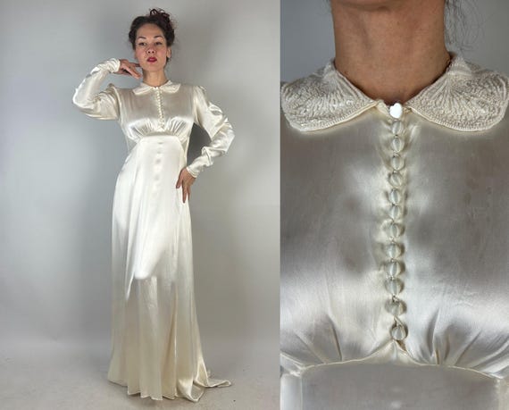 1940s Beyond Beautiful Bride Gown | Vintage 40s Pearl White Satin Rayon Wedding Dress with Beaded Peter Pan Collar and Modest Train | Medium