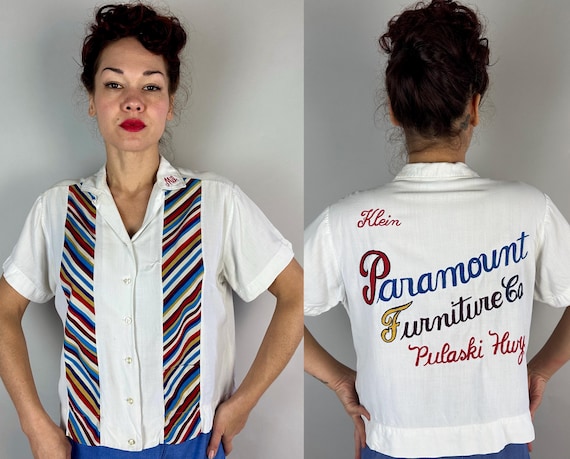 1950s Paramount Pin Queen Bowling Shirt | Vintage 50s White Cotton Button Up Sportswear Top w/Colorful Stripes & Embroidery | Extra Large XL