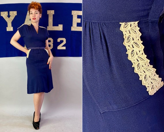 1930s Versatile Vivienne Dress | Vintage 30s Navy Blue Rayon Crepe Frock with Padded Shoulders White Floral Lace Trim and Pockets | Small