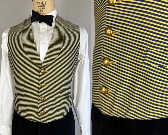 1900s Gentlemen’s Gentleman Waistcoat | Vintage Antique Edwardian Yellow and Dark Slate Blue Stripe Cotton Vest with Brass Buttons | Large