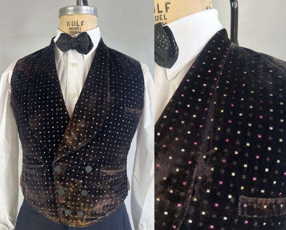 1870s A Venturous Velvet Gentleman | Antique Silk Square Pattern Chocolate Brown Double Breasted Waistcoat Vest Dated 1873! | Size 40 Medium