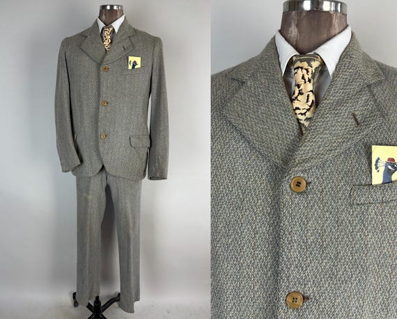 1920s Handsome in Herringbone Suit | Vintage 20s Blue & Grey Mottled Tweed w/Peach Pinstripe Jacket + Trousers Dated 1927! | Size 38 Medium