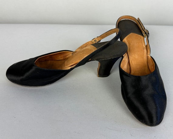 1930s Satin Surrender Slingback Pumps | Vintage 30s Black Silk Slip On Pinup Evening Shoes with Round Toe and Comfortable Heel | Size 7