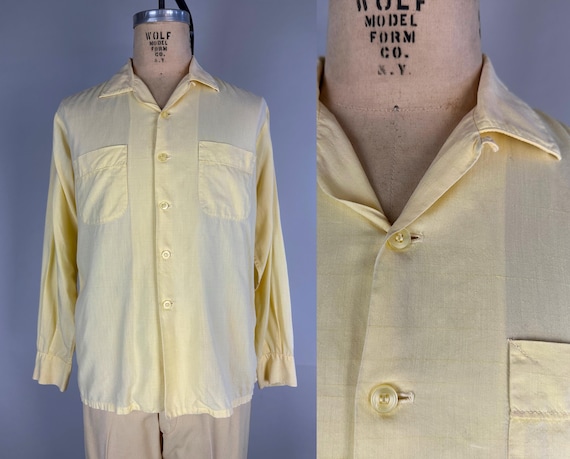 1950s "Duke of Hollywood" Shirt | Vintage 50s Butter Yellow Wash N Wear Cotton Casual Square Bottom Button Up Top with Pockets | Large
