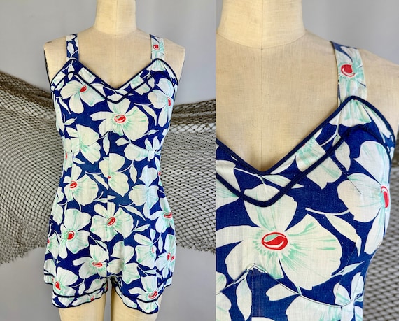 1940s Playful Patricia Playsuit | Vintage 40s Blue White Red and Mint Cotton Floral Print Romper Onesie Shorts with Bakelite | Small Medium